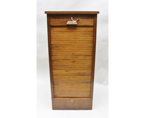 AN EDWARDIAN OAK CABINET fitted with tambour slide, opening to reveal eight light oak drawers with brass label holders, 48cm 