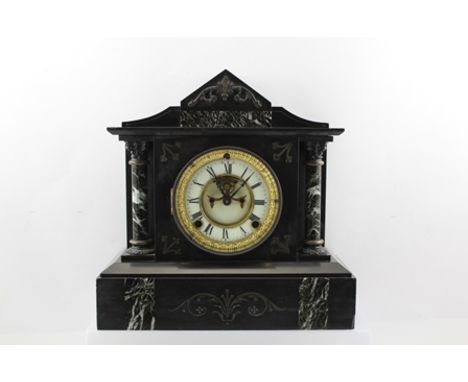A LATE VICTORIAN BLACK SLATE MANTEL CLOCK of architectural design, the dial inset outside count wheel, Roman numerals, with a