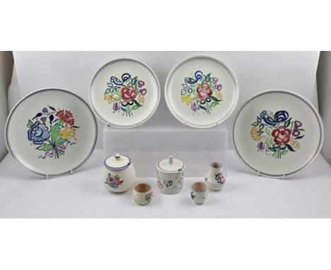 A COLLECTION OF HAND PAINTED POOLE POTTERY, includes a pair of 25.5cm diameter plates, a pair of 20cm diameter plates, two co