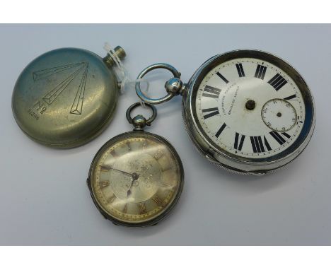 A silver cased English lever pocket watch, lacking glass and hands, a Fine Silver pocket watch with silver dial and a part po