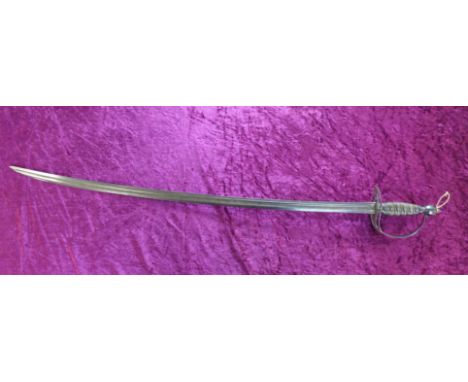 A sword with curved blade, carved horn handle, no marks, no scabbard, 96cm