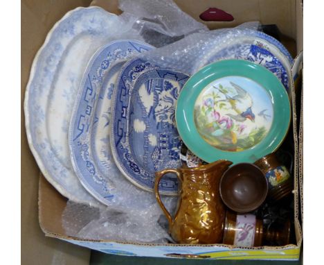 Three blue and white meat plates, decorative plates including Spode Chelsea and four lustre items