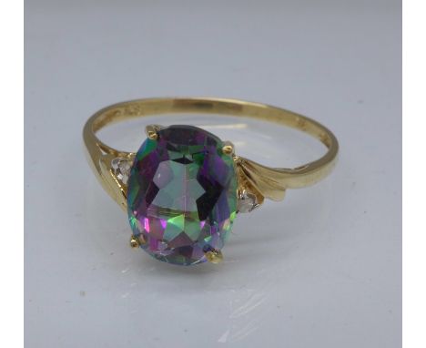 A 9ct gold, mystic topaz and diamond ring, 1.2g, O