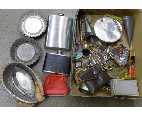 Assorted items including hip flasks, moulds, compass, etc.