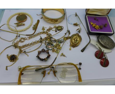 A 19th Century cameo set ring, lacking one, a 9ct gold mermaid charm, a plated locket and brooch, lacking pin, a rolled gold 