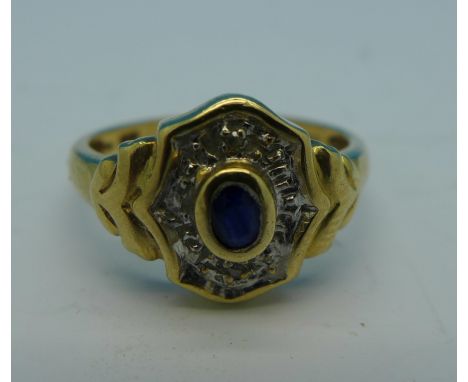 A 9ct gold, sapphire and diamond ring, 3g, P