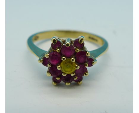 A 9ct gold, red and yellow stone cluster ring, 2.8g, O