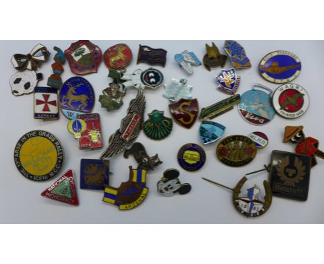 Enamel badges including Noddy Club, Butlins, Belstaff, etc.