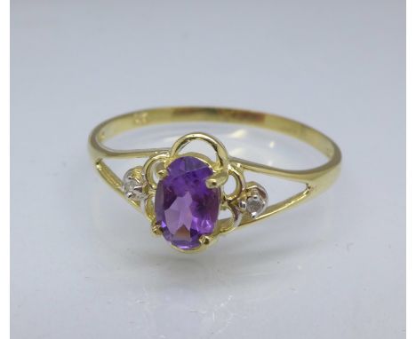 A 9ct gold, amethyst and diamond ring, 1g, O