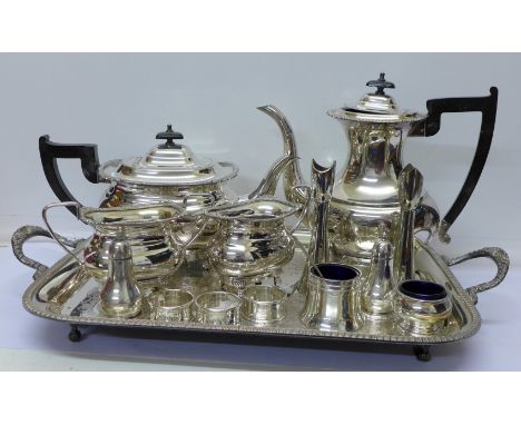 A Viners four piece plated tea service, a plated tray, condiments and napkin rings