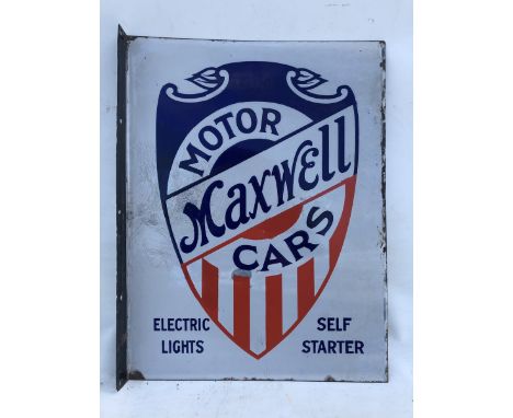 A rare Maxwell Motor Cars double sided enamel sign with hanging flange, some restoration, 14 x 18 1/2".