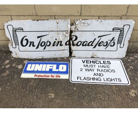 A two piece Pratts 'On top in all road tests' enamel sign, and two other signs. 