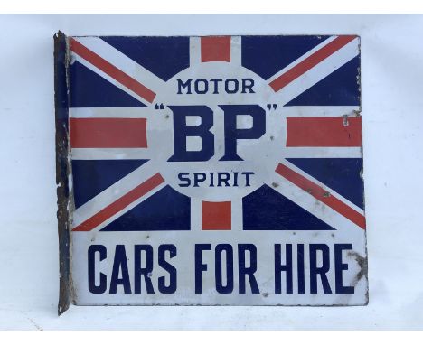 A very rare BP Motor Spirit union jack double sided enamel sign with 'Cars for Hire' wording to the lower half, with hanging 