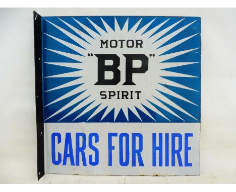 A rare BP Motor Spirit 'Cars for Hire' double sided enamel sign with re-attached hanging flange, some professional restoratio