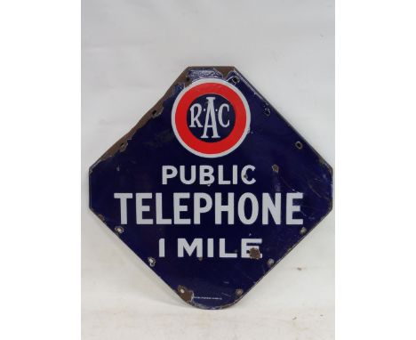 An RAC public telephone 1 mile lozenge shaped enamel sign by Bruton of Palmers Green, with good gloss, 26 x 26".
