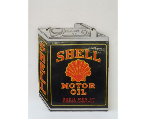 A Shell Motor Oil can shaped double sided enamel sign with some professional restoration to one side, 15 3/4 x 20".