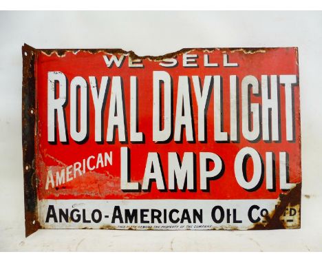 A Royal Daylight American Lamp Oil double sided enamel sign with hanging flange, 21 1/2 x 14 1/2". 