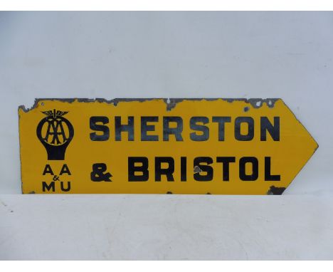 An AA and Motor Union double sided enamel directional sign for Sherston and Bristol, 30 x 10". 