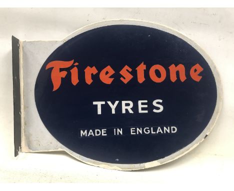 A Firestone Tyres oval double sided enamel sign with hanging flange, with some repainting, 20 x 15". 