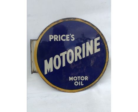 A Price's Motorine Motor Oil circular double sided enamel sign with hanging flange, in very good condition, 18" diameter.