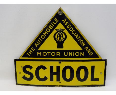 An AA and Motor Union 'School' enamel sign by F. Francis &amp; Sons Ltd. Deptford, good gloss, some professional restoration,