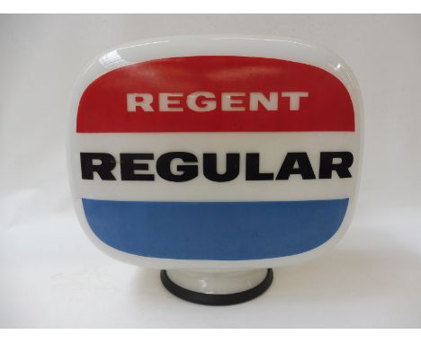 A Regent Regular glass petrol pump globe by Morco, in excellent condition, one minor nick under the rubber ring to the neck. 