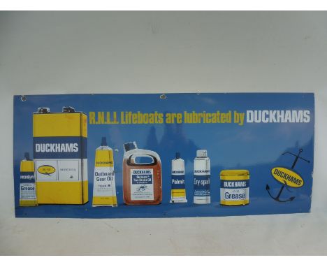 A Duckhams RNLI Lifeboats Lubrication rectangular pictorial enamel sign, in good condition, 54 x 22".