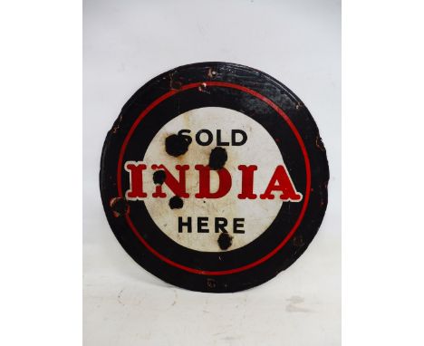 An unusual India Tyres Sold Here circular double sided enamel sign, 24" diameter.