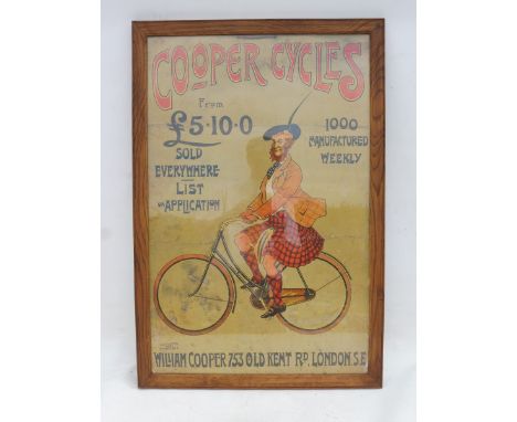 A rare Cooper Cycles pictorial showcard depicting a Scottish gentleman on a bicycle, by Alex K. Sutton, 21 1/2 x 32".