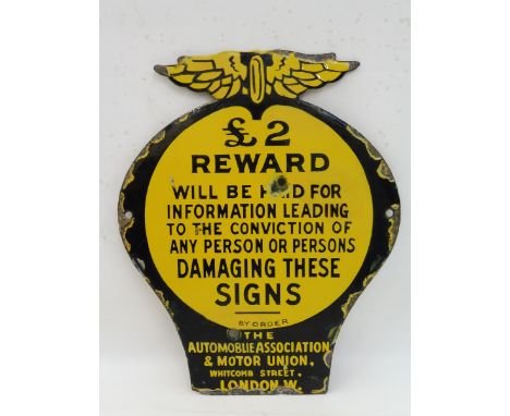 An AA and Motor Union enamel £2 Reward sign, with some professional restoration, 8 x 10".