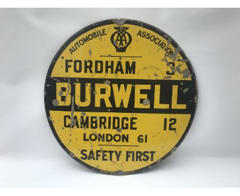 An AA circular enamel village sign for Burwell, Cambridge 12 miles, the sign by Franco, 30" diameter.