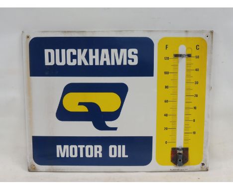A Duckhams Motor Oil rectangular enamel thermometer by Burnham of London, lacking tube, 26 x 20".