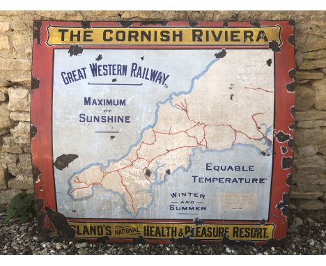 A Great Western Railway Cornish Riviera pictorial map rectangular enamel sign, 46 x 41".