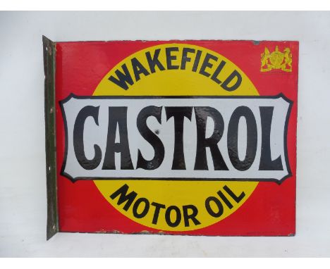 A Wakefield Castrol Motor Oil double sided enamel sign with hanging flange by Bruton of Palmers Green, with Royal crest to on