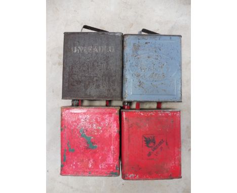 Four 2 gallon petrol cans including Shell and Esso. 
