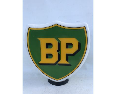 A BP shield shaped glass petrol pump globe with excellent colour by Hailware, one chip to neck hidden by the rubber ring.