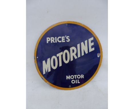 A Price's Motorine Motor Oil circular enamel sign, in very good condition, 14 1/4" diameter.