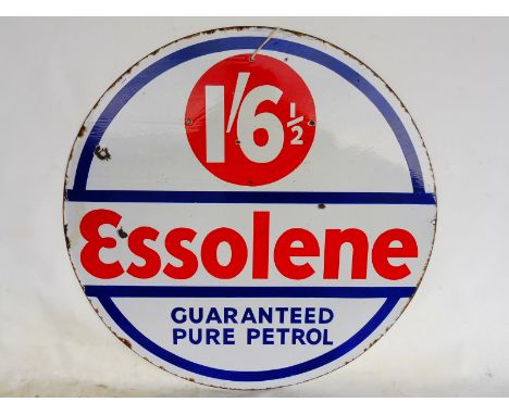An Essolene Guaranteed Pure Petrol circular double sided enamel sign, in excellent condition with one additional hole, 30" di