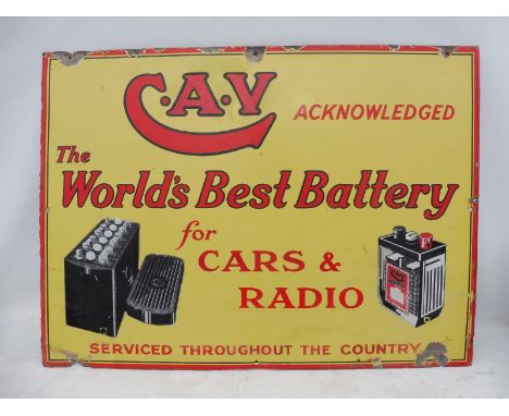 A CAV - The World's Best Battery for Cars and Radio part pictorial enamel sign, with some restoration, 30 x 22".