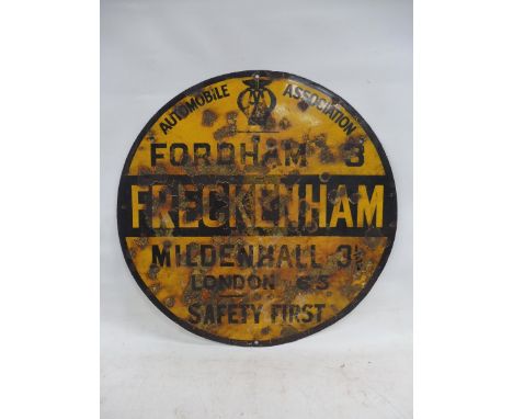 An AA circular enamel road sign for Frackenham, 30" diameter.