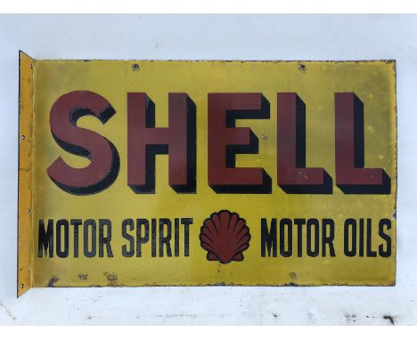 A Shell Motor Spirit and Motor Oils double sided enamel sign with reattached hanging flange and restoration beside flange, 24