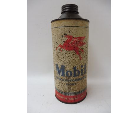 A Mobil Shock Absorber Oil cylindrical quart can.