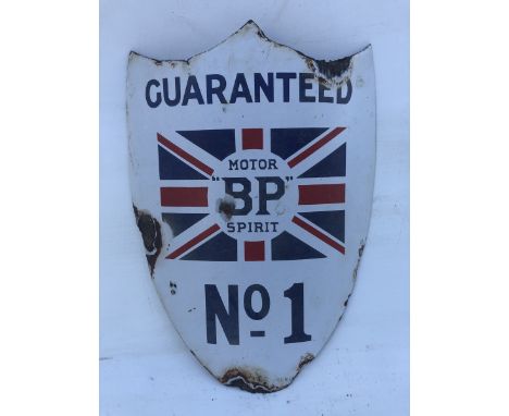 A rare BP Motor Spirit Guaranteed No. 1 shield shaped convex enamel sign, 8 1/2 x 11 1/2". 