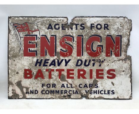 An Ensign Heavy Duty Batteries for All Cars and Commercial Vehicles rectangular enamel sign, 36 x 24".