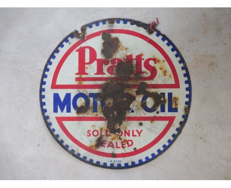 A Pratts Motor Oil circular double sided enamel sign dated September 1930, 26" diameter.