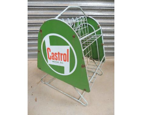 A Castrol Motor Oil forecourt oil bottle rack with a shaped enamel sign to each end. 