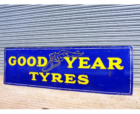 A large Goodyear Tyres rectangular enamel sign by Franco, 96 x 30". 