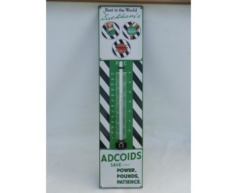 A Duckham's Adcoids black and white enamel thermometer, in excellent condition and with good colour, 11 x 45 1/2".