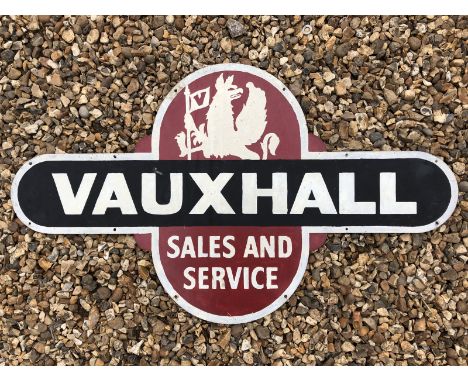 A Vauxhall Sales and Service shaped single sided tin advertising sign, repainted at some stage, 35 3/4 x 21".