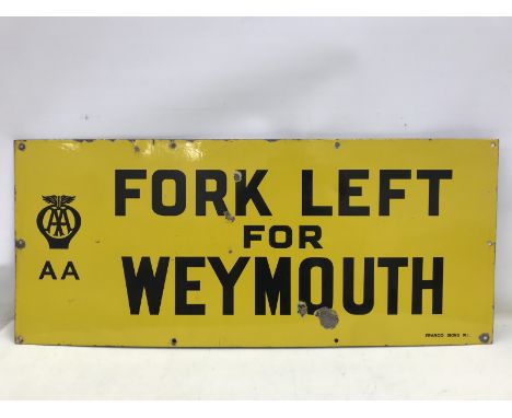 An AA rectangular enamel sign - Fork Left for Weymouth, by Franco Signs, very good gloss, 42 x 18".
